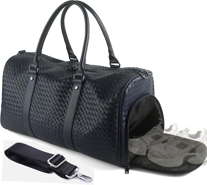Weekender Bag for Women Men Water-resistant Gym Tote, Leather Woven Travel Duffel Bags with Shoe Compartment by CaptainVikings