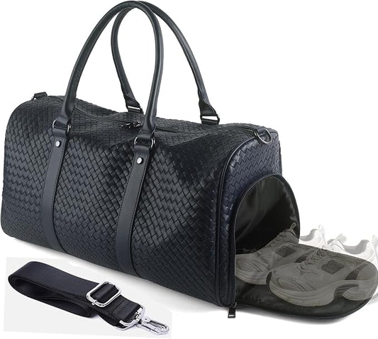Weekender Bag for Women Men Water-resistant Gym Tote, Leather Woven Travel Duffel Bags with Shoe Compartment by CaptainVikings