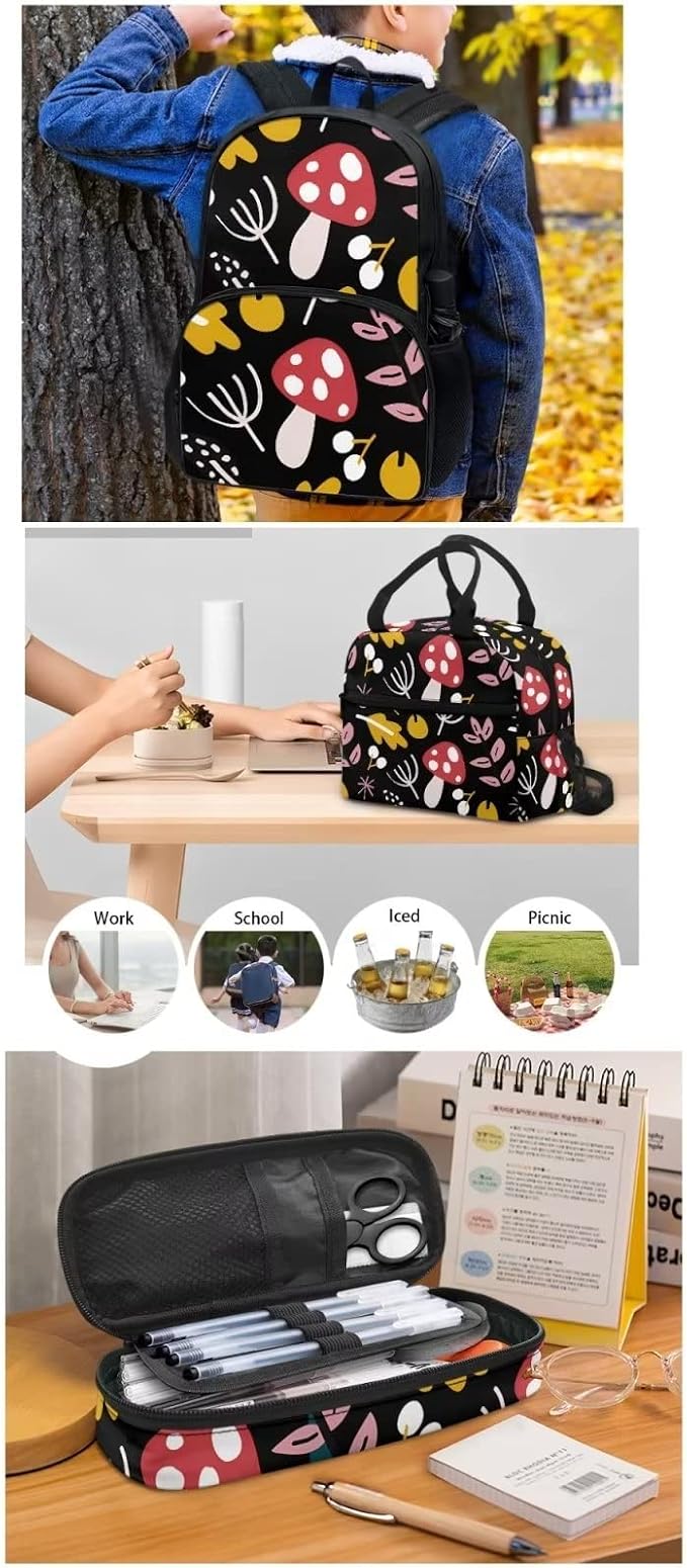 Black Cartoon Mushroom Backpack with Lunch Box and Pencil Case Girls Comfy Padded Cute School Backpack Set of 3 Bookbag for Student Lightweight Large Capacity Daypack - Image 5