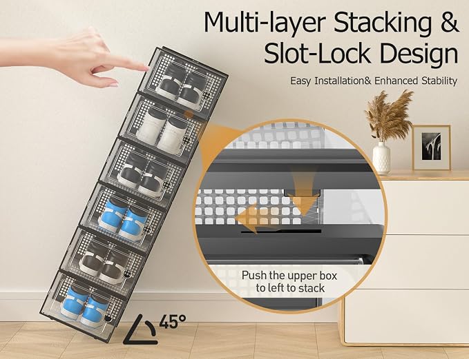 Kuject XXX-Large Shoe Storage Boxes Organizers Clear Plastic Stackable 12 Pack, Shoe Rack & Holder Substitute, Sneaker Containers, Toy Storage Organizer Bins for,Closet, Under Bed, Black(No Fold Line) - Image 4