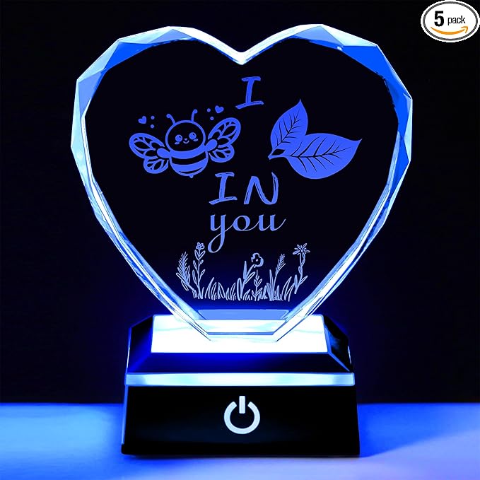 ZHSHWAT Christmas Gift Heart Shaped Crystal Night Light, I Bee Leaf in You-Color Changing LED, USB/Battery Powered, Encouragement Present for Friends Family