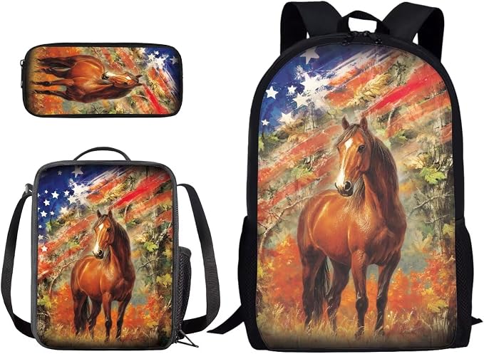 Patriotic American Flag Horse Print Children's Schoolbag Set Independence Day, Lightweight Knapsack Set with Lunch Box and Pen Bag, Large Durable Backpack Set for Primary and Middle School by PCSJRKG