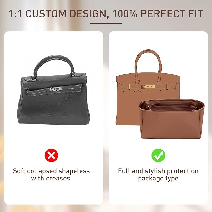 Doxo Luxury Satin Handbag Organizer Insert for Birkin 25 - Premium Smooth Fabric Birkin 25 Insert Organizer with Multicolor Options - Lightweight & Soft Touch - Fits Hermes Handbags (BR25, Gold) - Image 4