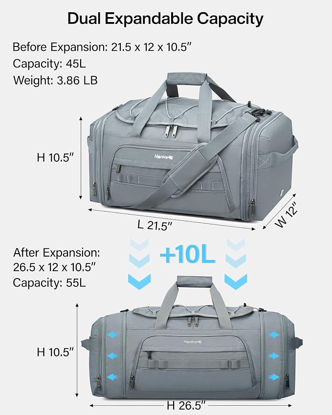 Hanke Duffle Bag for Travel, Dual Expandable 45L-55L Carry On Duffel, 3 In 1 Weekender Tote, Water Resistant Overnight Bag with 15.6" Compartment for Men Women, Grey - Image 2