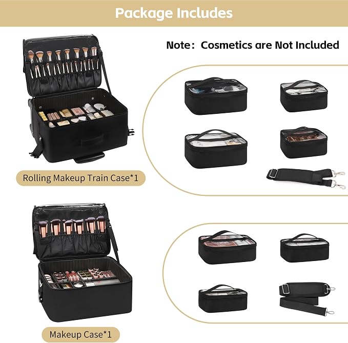 Rolling Makeup Bag, Makeup Artist Bag Professional Makeup Case on Wheels Cosmetics Organizer Bag Makeup Suitcase 2 in 1 Extra Large Cosmetology Case with 360° Swivel Wheels and Adjustable Dividers - Image 2