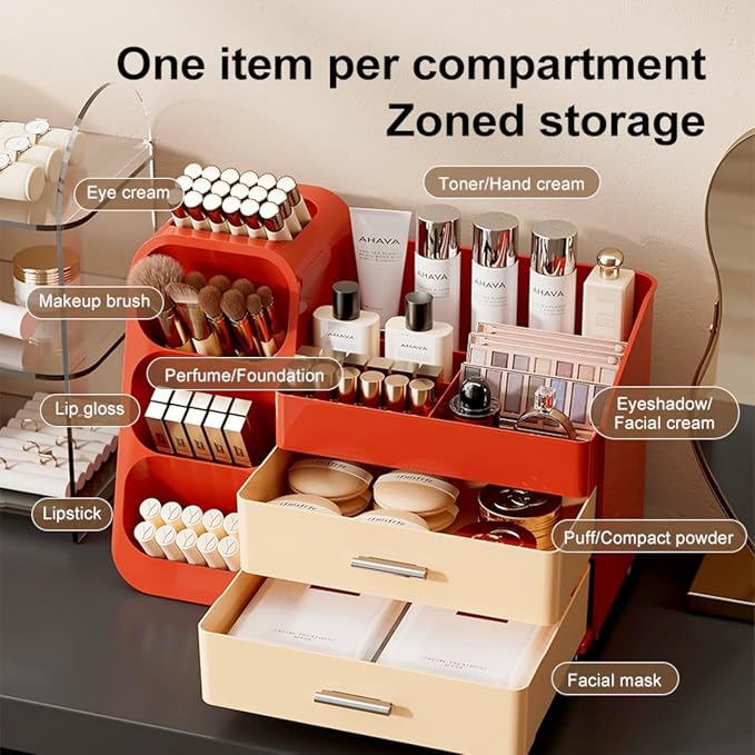 Makeup Organizer with Drawers,Large Capacity Countertop Organizer for Vanity,Bathroom and Bedroom Desk Cosmetics Organizer,Easy To Storage Skincare,Brushes,Lotions (Red and Cream) - Image 5