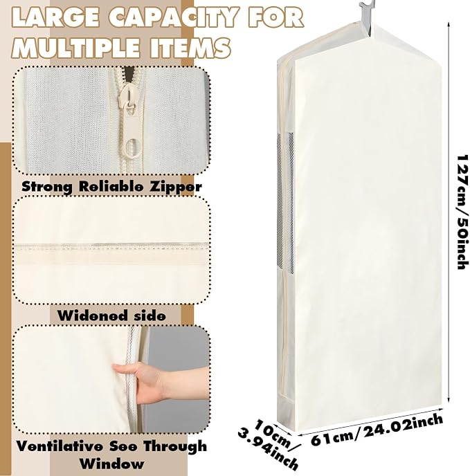 Aliceset 3 Pack Pure Cotton Garment Storage Bag for Hanging Clothes 24 x 50 Inch Breathable Garment Cover Canvas Suit Bags for Closet Storage Short Dresses Suits Gowns - Image 2