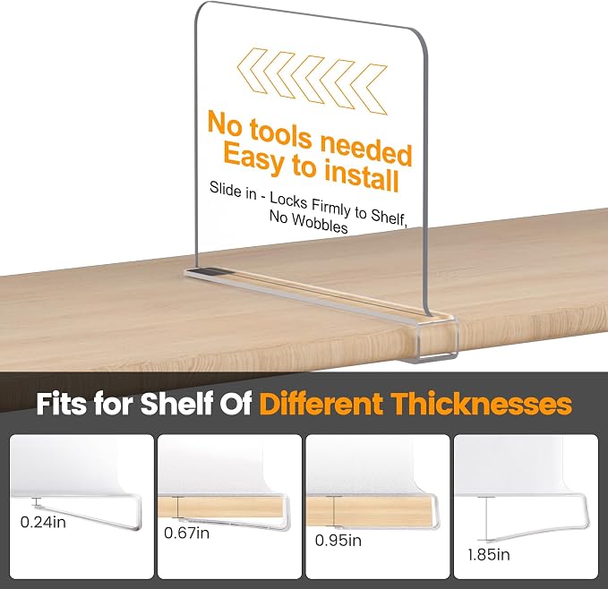 OKPOW Shelf Dividers for Closet Organization: 6 Pack 8" Tall X 12" Deep Acrylic Clear Sturdy Separators for Clothes Purse - Adjustable Easy Install Storage for Wood Cabinet Home Organizer Housewife - Image 5