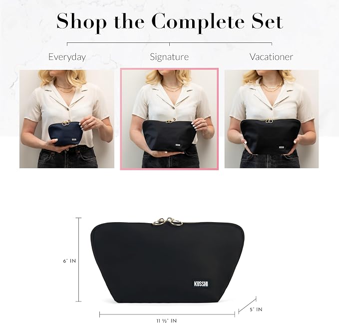 KUSSHI Washable Travel Makeup & Cosmetic Bag - Brush Organizer Sold Separately (Signature, Satin Black/Pink) - Image 5