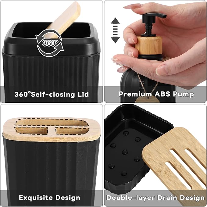 32PCS Bathroom Sets with Shower Curtain and Rugs,Bathroom Set Black Bathroom Accessories Black Shower Curtain Set with Bathroom Trash Can - Image 4