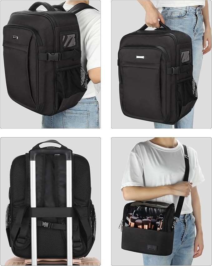 Relavel Professional Makeup Case Makeup Backpack and Makeup Brush Case for Makeup Artists, Cosmetic Storage Organizer Makeup Brush Holder, with Shoulder Strap and Adjustable Dividers Black - Image 5
