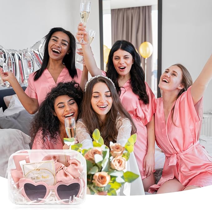 DEEKA 5 Pcs Bridesmaid Proposal Bag Set Gift Clear Makeup Toiletry Bag Bachelorette Party Favors Sunglasses Hair Claw Clips Scrunchies Knot Bracelets Bridal Wedding Party Gifts (Pink) - Image 6