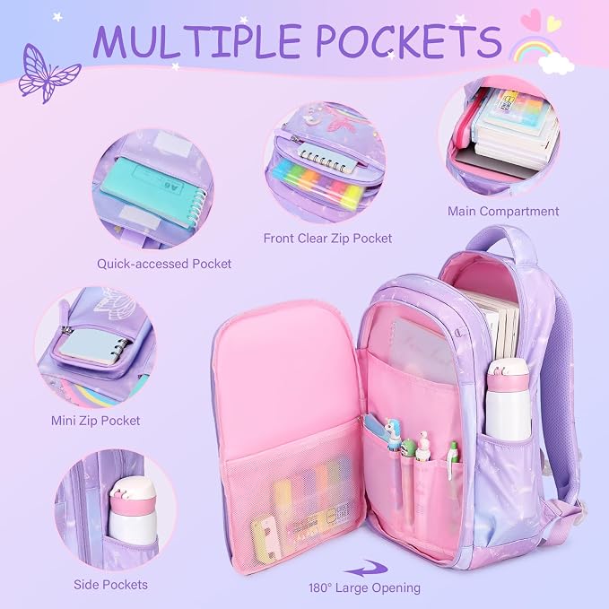 ACESAK Kids Backpack for Girls, Rainbow Backpack Set with Over-ear headphones, Lunch Bag Set for School, Girls Backpack for Elementary Middle school Teen Student(Purple) - Image 3