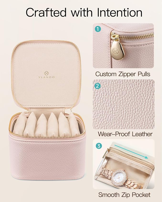 VLANDO Gifts for Teachers,Jewelry Box with 6 Velvet Jewelry Bags Travel Jewelry Storage for Women Girl Jewelry Organizer Necklace Rings Earrings Bags Gifts for Women(Pink) - Image 3