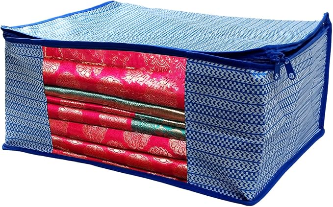 ANKIT INTERNATIONAL Saree Cover Storage Bags Pack of 12 – Non Woven Foldable Clothes Storage Organizer with Zipper & Clear Window, Wardrobe Garment Storage for Sarees, Dresses (Blue) - Image 3