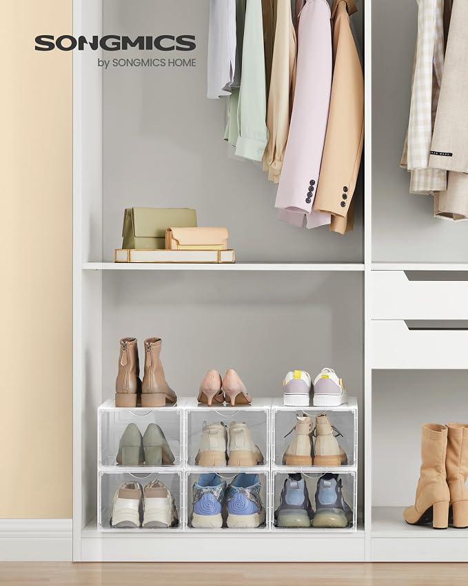 SONGMICS Shoe Boxes, Set of 6, Clear Plastic Shoe Storage, Stackable Sneaker Box, Drop Front Door, Up to US Size 11, Easy Assembly, 13 x 9.8 x 7.1 Inches, Transparent White ULSP032W06 - Image 2