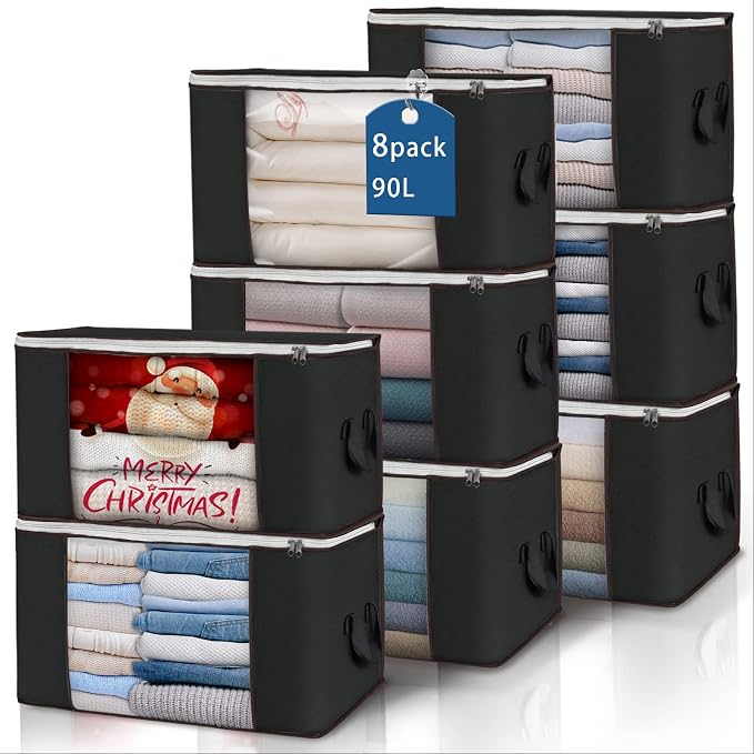Large Storage Bags, 8 Pack Clothes Storage Bins Foldable Closet Organizers Storage Containers with Durable Handles Thick Fabric for Blanket Comforter Clothing Bedding 90 L (Black) | Foldable Storage Containers, with Reinforced Handle, for Clothing, Bla... by BuddingJoy-BuildaJoyfulLifeforYou