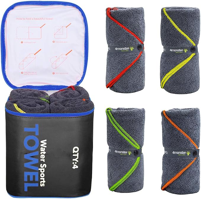 4Monster 4-Pack Quick Dry Microfiber Travel Towels – Super Absorbent, Ultra-Soft Camping Towel Set with Water-Resistant Bag, Lightweight & Compact for RV, Gym, Beach, Pool, Swimming, and Family Trips by 4Monster