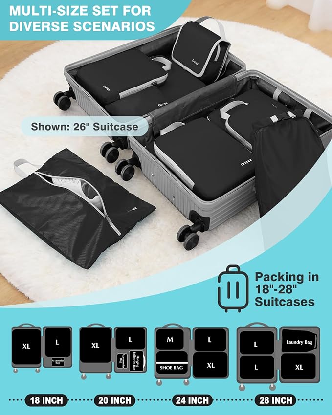 Gonex 10 Set Compression Packing Cubes, Expandable Storage Travel Bags for Suitcase, Luggage Organizers with Hanging Toiletry Bag Laundry Bag Shoe Bag Accessories Bag (Black) - Image 6