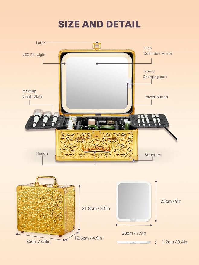 Qislee Makeup Box with Detachable Magnetic LED Mirror, Travel Train Case | Makeup Organizer, Cosmetic Travel Bag for Women, Adjustable Dividers, Brush Slots, Skincare Storage, Portable, Bling Gold - Image 3