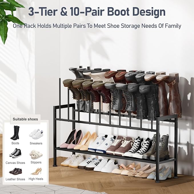 DIMJ Boot Rack 3-Tier - Black Metal Boot Storage Rack for Tall Boots Organizer Tall Boots, Shoe Rack for Boots, Sneakers, High-Heel, Entryway, Fit for 10 Pairs, Black - Image 5
