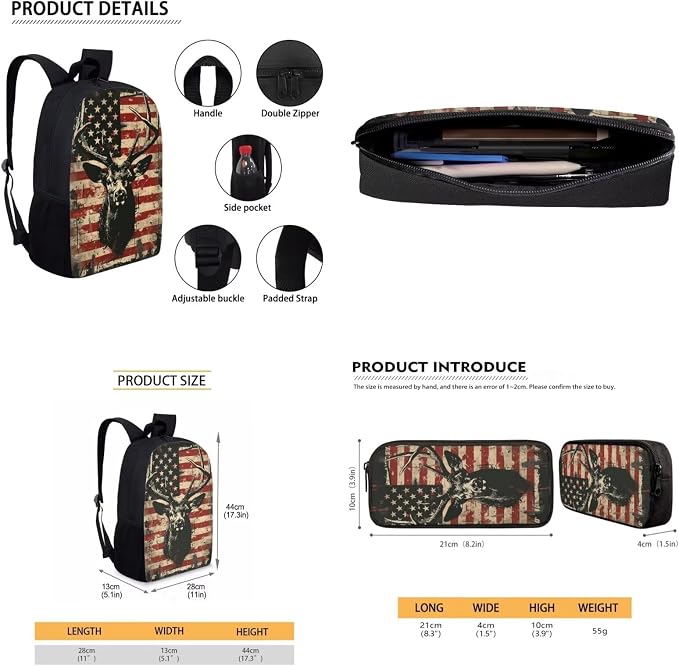 Deer Kids School Backpack for Boys Girls, American Flag Casual School Bag with Lunch Box Pencil Case, Lightweight 3PCs School Bookbag Set Suitable for Boys and Girls, Multicolor - Image 3
