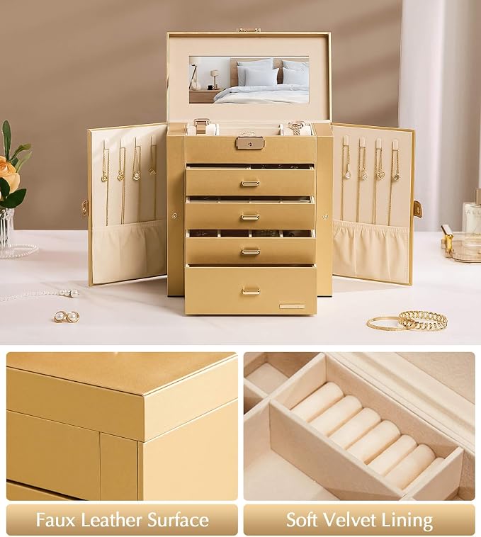 Homde Synthetic Leather Huge Jewelry Box Mirrored Watch Organizer Necklace Ring Earring Storage Lockable Gift Case (Gold) - Image 6