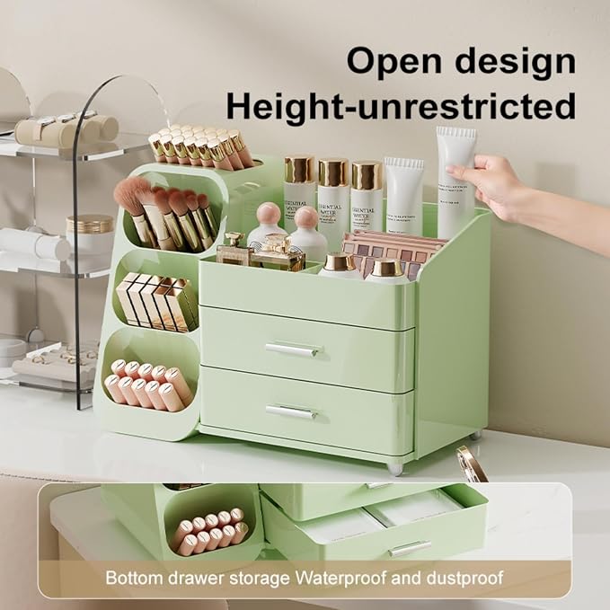 Booklov Large Makeup Organizer for Vanity and Bathroom Countertop, Green | Plastic Cosmetic Display Case with Drawers, Beauty Brush Holder for Dresser Counter Skin Care Eyeshadow Lipstick Storage - Image 5