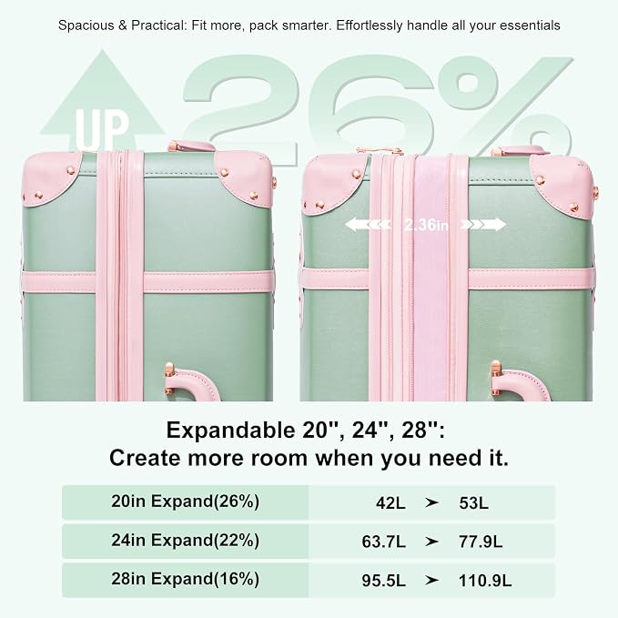 NZBZ Vintage Luggage Sets for Women Retro Suitcase Cute Vintage Expandable Luggage of 3 (Green with Pink, 20inch & 24inch & 28inch) - Image 4