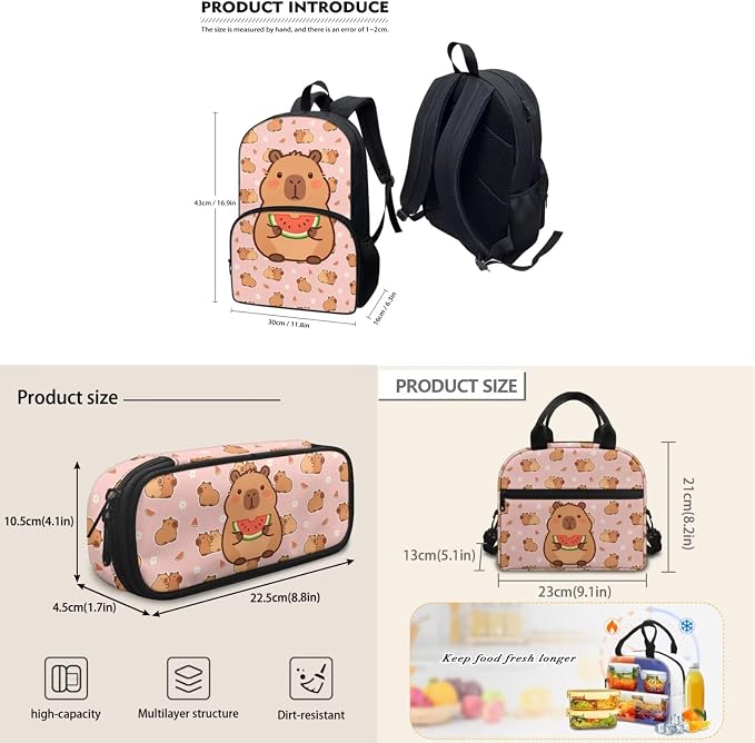 Capybara Watermelon 3Pcs Cute Backpacks Sets for Girls, Kids Backpack School Bookbags with Insulated Lunch Box Pencil Case for School Elementary Girl - Image 5