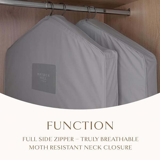 Hayden Hill Luxury Organic Cotton Garment Bag for Hanging Clothes Short 40" | Breathable Dress Bag, Moth Proof Hanging Storage Bag, For Closet, Coats, Suits, Zippered, Certified Carbon Neutral, Gray - Image 3