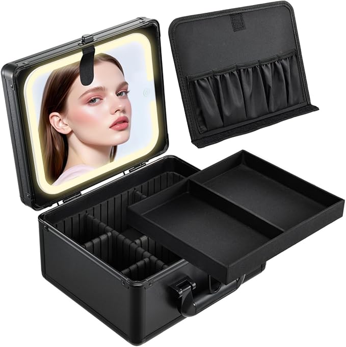 Faquenc Makeup Case with Lighted Vanity Mirror, Makeup Organizer Box Travel Make up Case with LED Mirror Portable Cosmetic Train Case for Countertop Lockable Makeup Suitcase with Adjustable Dividers by Faquenc