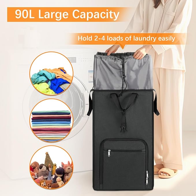 Bukere Extra Large 3 in 1 Rolling Laundry Backpack Bag with Wheels, 90L Freestanding Laundry Basket, Collapsible Laundry Hamper with Removable Wheeled Cart for College Dorm Apartment Laundry Room - Image 2
