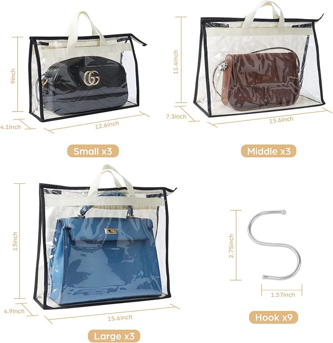 9 Pack Dust Bags for Handbags, Clear Handbag Storage, Purse Storage Organizer for Closet, Purse Cover Hanging Closet Organizer with Zipper - Image 2