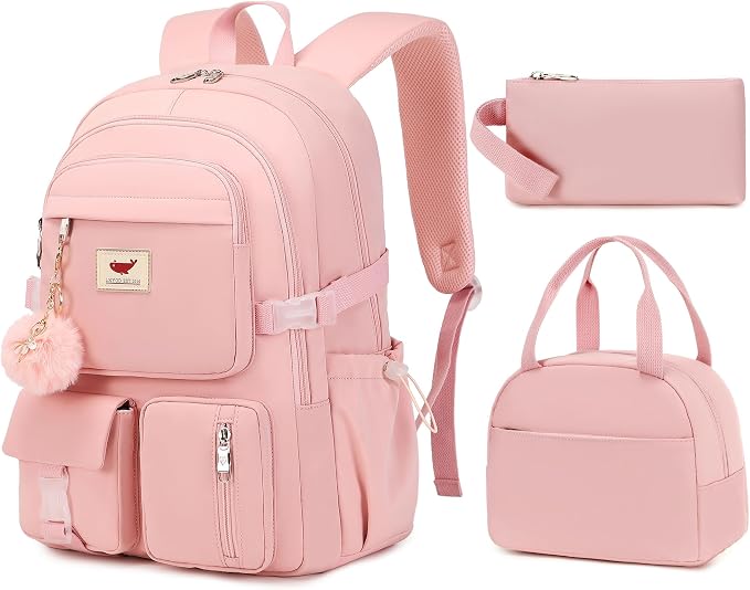 Laptop Backpack 15.6 Inch Elementary Middle High School Bag College Backpacks with Lunch Box Pencil Pouch 3 PCS Set Travel Bookbags for Teens Girls Women Students (Pink) by LXYGD