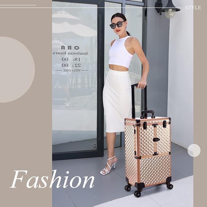 Professional Makeup Artist Rolling Train Case Multi-functional Cosmetic Train Case Large Trolley Storage Case for Nail Technicians Cosmetology Case for Hairstylist Rose Gold - Image 7