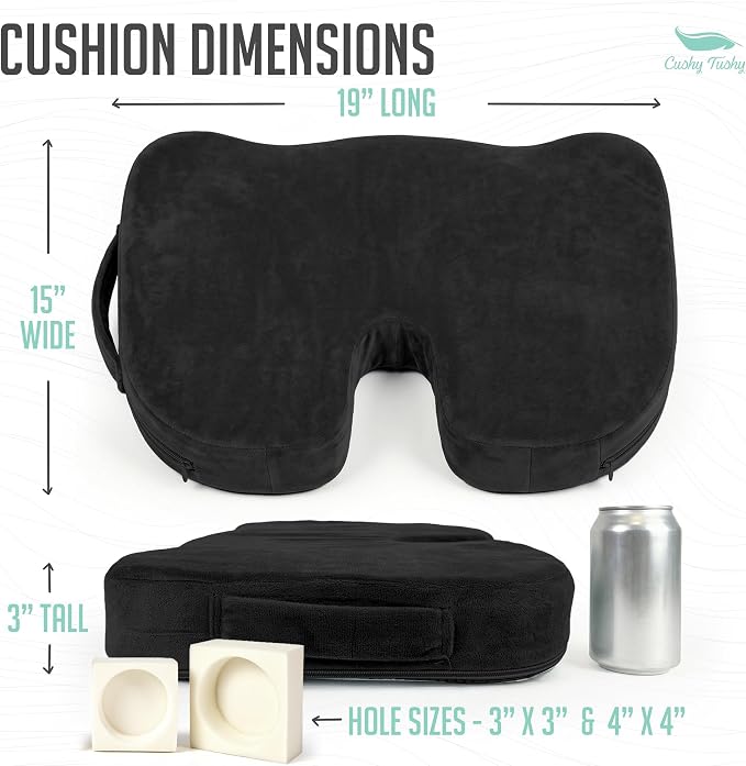 Cushy Tushy Premium Seat Cushion with Moveable Holes, Customizable Foam – Relief for Lower Back, Sciatic, & Tailbone Pain – Perfect for Driving, Home & Office – Black Fabric Cover - Image 2