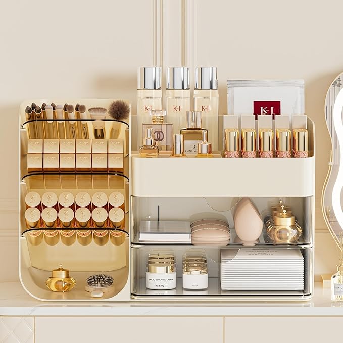 Makeup Organizer Countertop with 2 Drawers, Large Capacity Make Up Organizers for Vanity, Bathroom Organizers and Storage, Cosmetics Organizer Easy To Storage Brushes Eyeshadow Lipstick, Cream - Image 3