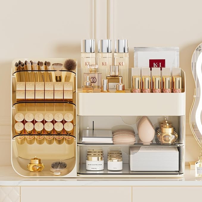 Makeup Organizer with Drawers, Large Capacity Countertop Organizer for Vanity, Bathroom and Bedroom Desk Cosmetics Organizer, Easy To Storage Skincare,Brushes, Eyeshadow,Lipstick (All Cream) - Image 6