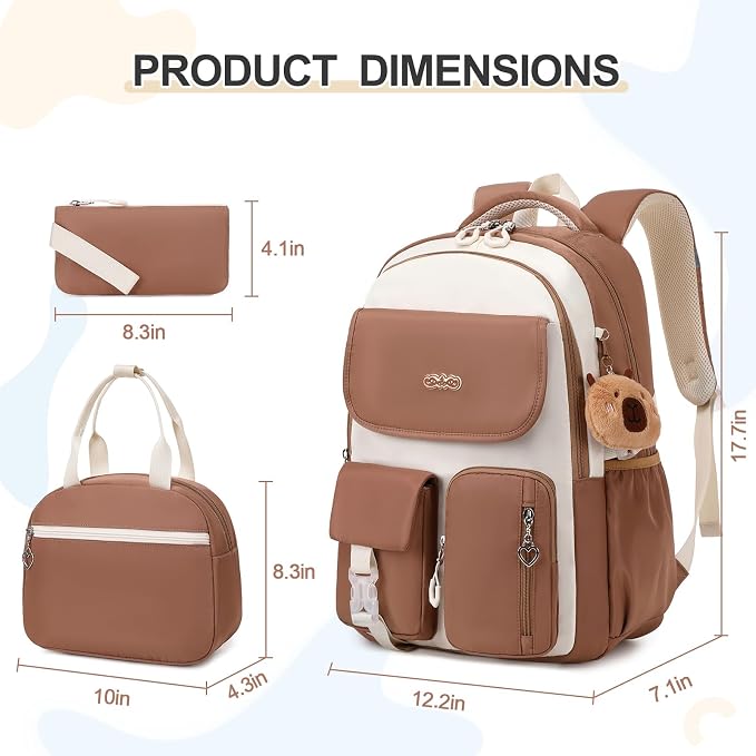 DIGOBAY Backpacks for Girls, 3PCS School Backpack with Lunch Box Pencil Pouch for Teen Girls Kids Elementary Primary Middle High College Travel School bag Bookbag Set （Brown - Image 2