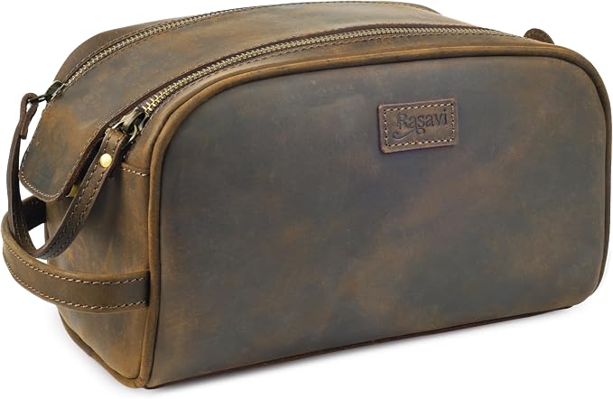 Rasavi Genuine Leather Travel Toiletry Bag, Handcrafted Vintage Water-Resistance Dopp Kit, Large Shaving & Bathroom Organizer - Gift for Men & Women - Rustic Town - Image 2