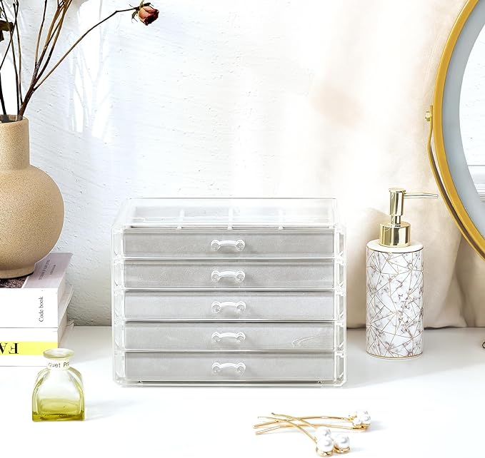 ProCase Earring Holder Organizer Jewelry Box with 5 Drawers, Acrylic Clear Earring Case with Adjustable Velvet Trays for Women - Grey, 5 Layers - Image 6