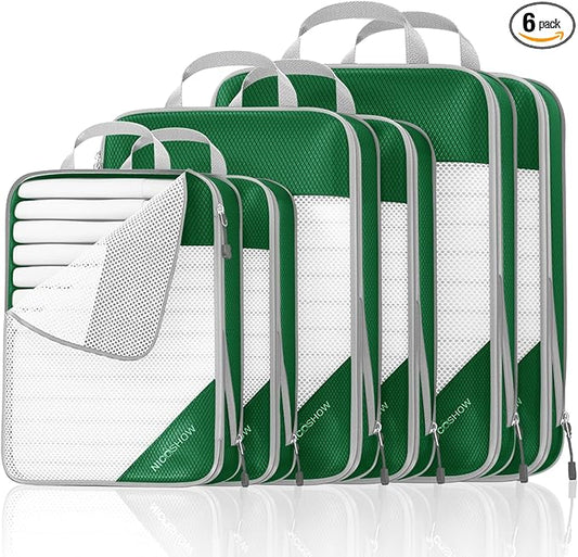 Compression Packing Cubes 6 Set, Compressible Space-Saving Packing Cubes for Travel - Compression Bags, Luggage Organizer, Travel Essentials for Women, Dark Green by NICOSHOW
