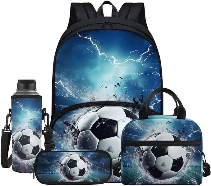 Boys Soccer Football Blue Lightning Galaxy Book Bag Set 4 In 1 Schoolbag Carry on Backpack Large Capacity Daypack Knapsack Rucksack Insulated Lunch Bag Aesthetic Cosmetic Makeup Bag by Jndtueit