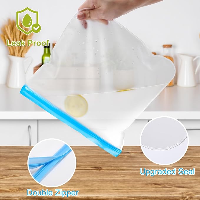 Lerine Reusable 2 Gallon Freezer Bags Dishwasher Safe, 13"x15.6", Reusable Freezer Bags 2Gallon Large Capacity, Leakproof BPA Free Food Storage Bags for Marinate Meats (Gray, 10 Pack 2 Gallon Bags) - Image 4