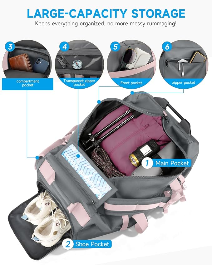 Foldable 90L Rolling Duffel Bag with Wheels, 4-in-1 Carry Water-resistant Travel Duffle with Shoe Compartment&Quick-Access Pockets, Multi-Purpose Bag for Gym, Camping - Image 5