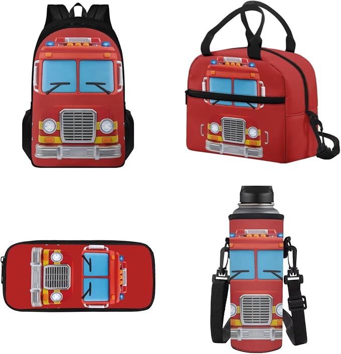 Kids 4 Piece Fire Truck Backpack Set of Thermal Lunch Box Pencil Box Water Bottle Holder, Lightweight School Book Bag, Kids Boys Daypack Everyday Pack for School by Tomeusey