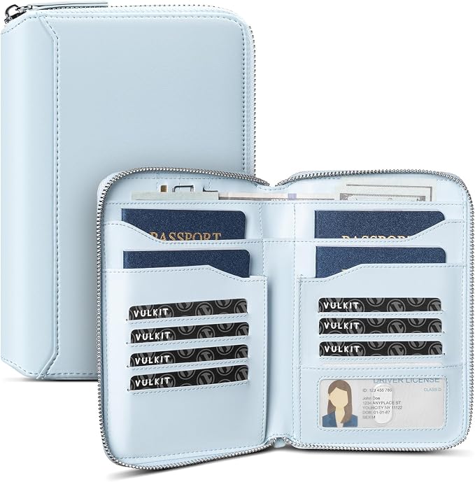 VULKIT Leather Passport Holder for 4-8 Passports Family Passport Wallet with Zipper Travel Documents Organizer for Men or Women(Light Blue) by VULKIT
