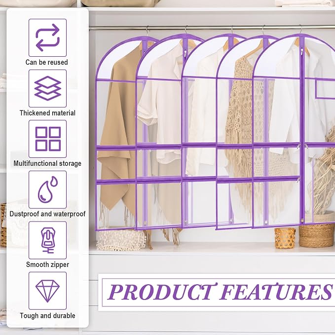 FoldTier 8 Pcs Dance Costume Garment Bag for Dancers 40 Inch Purple Edge Clear PVC Waterproof Garment Bag with 3 Zipper Pockets for Dancers Competitions Hanging Clothes - Image 6