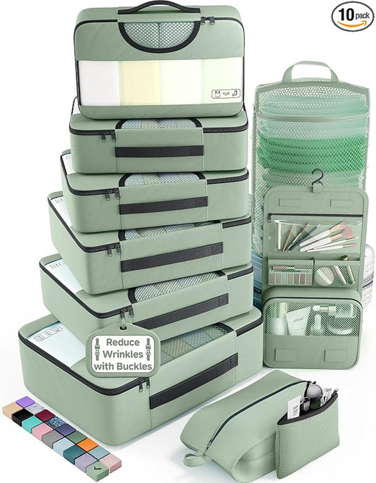 Veken 10 Set Packing Cubes for Travel Essentials,Anti-Wrinkle Buckled Suitcase Organizer for Shoe & Toiletry Bag,Carry On Luggage Bag with 99+ Count Mesh Holes for Airplane & College Dorm Accessories by Veken